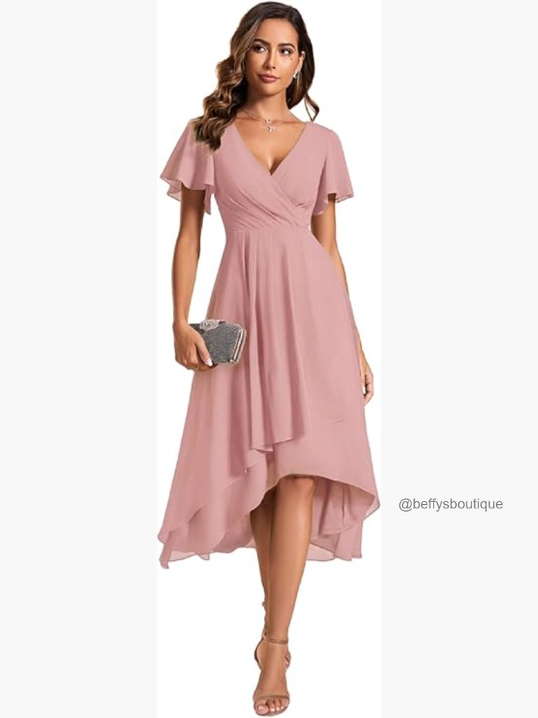 Short Sleeve V-Neck Chiffon Midi High Low Dress Wedding Guest Semi Formal